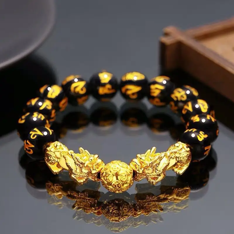Chinese FengShui Pixiu Obsidian Stone Beads Bracelet Color Changing Wristband Wealth Good Luck Bracelet Women Men Unisex
