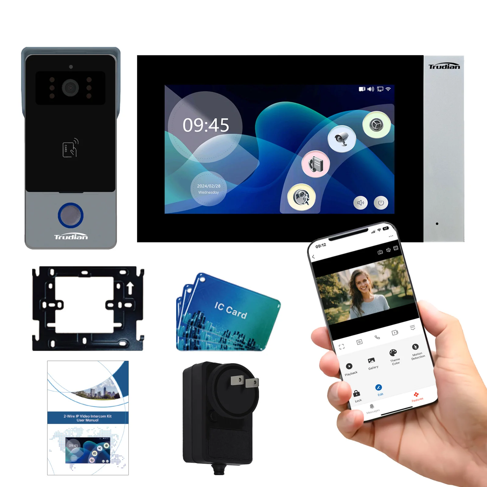 Trudian OEM&ODM 2 Wire Doorbell Intercom System 1080P Motion Record Wireless Video Door Phone for Villas