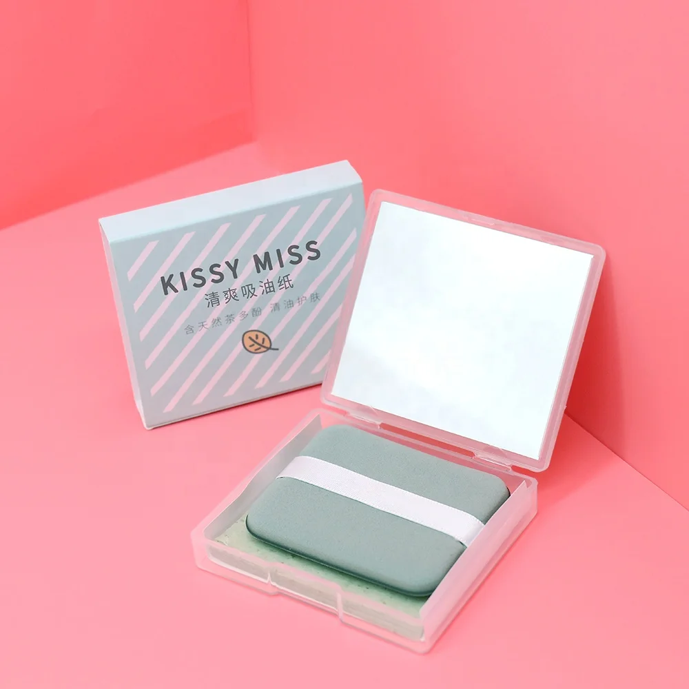 Kissy Miss Natural Green Tea Oil Blotting Paper Face Absorbing Paper Set with Mirror and Puff OEM
