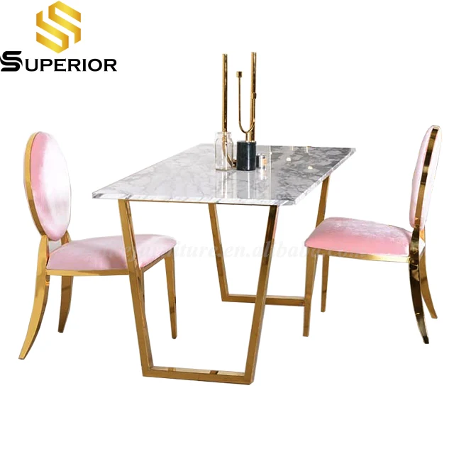 Simple design gold metal frame dining table with washington chairs for home