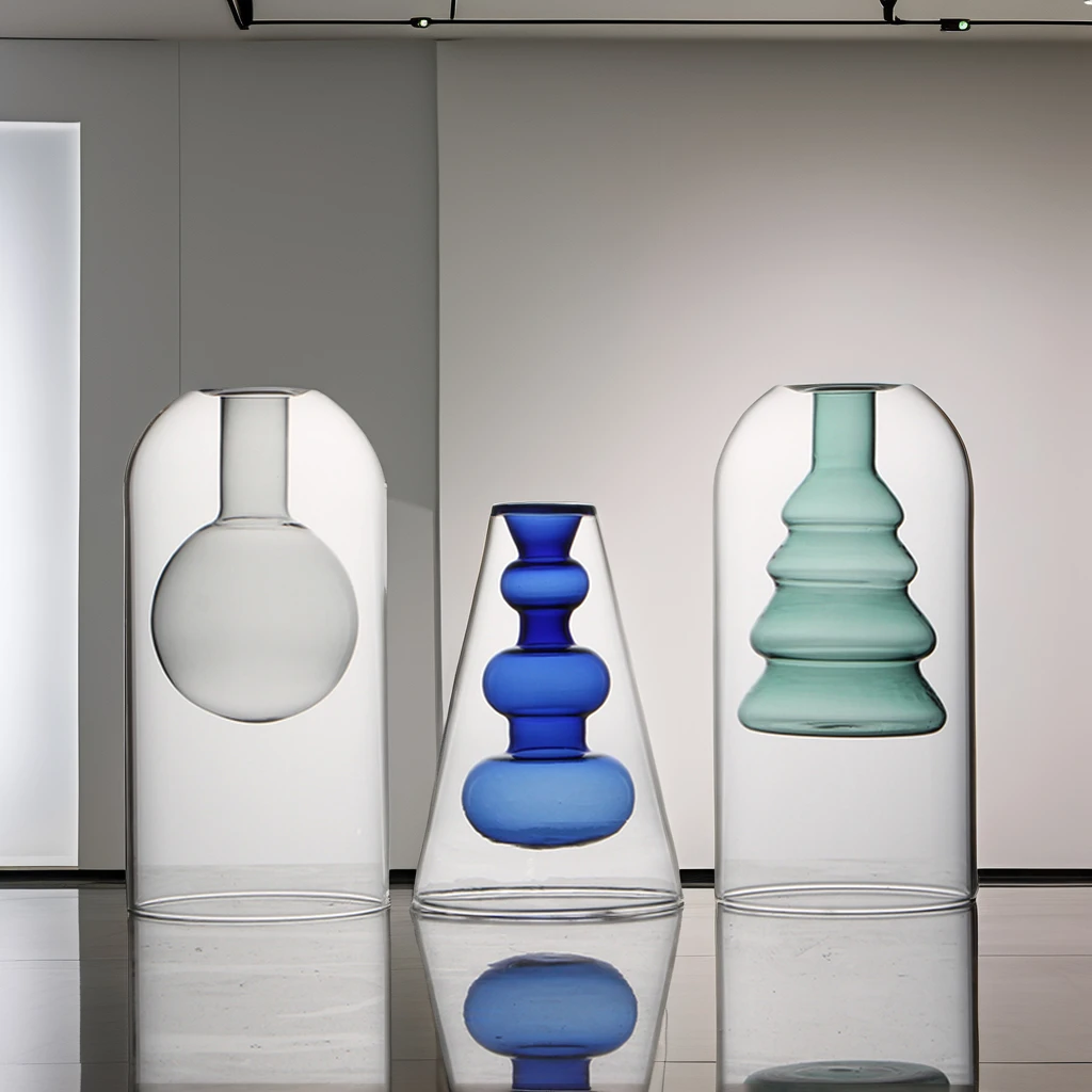 Оптовая продажа ручной работы оригинальный цвет зеленый пузырь стеклянный бутон вазы с двойной стенкой современный круглый дизайн Прозрачная глазурь декоративное использование