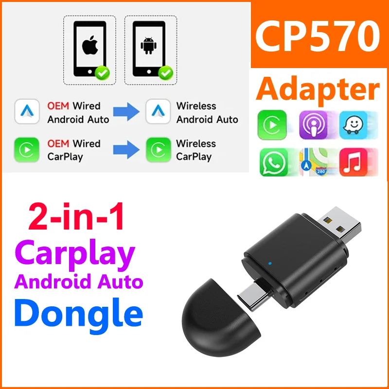 OEM High-end mini 2in1 USB Wireless CarPlay Android Auto Dongle Box CP570 Convert Wired to Wireless Car Play adapter for Apple