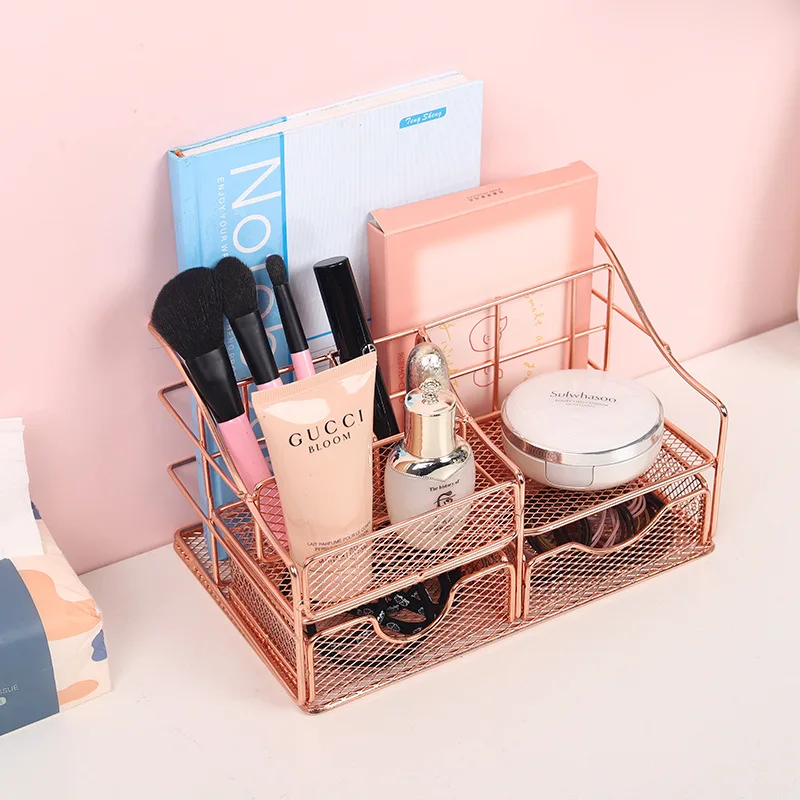 Wholesale factory price Metal Office supplies Rose Gold Mesh Desk Organizer Drawer Pen Pencil Holder