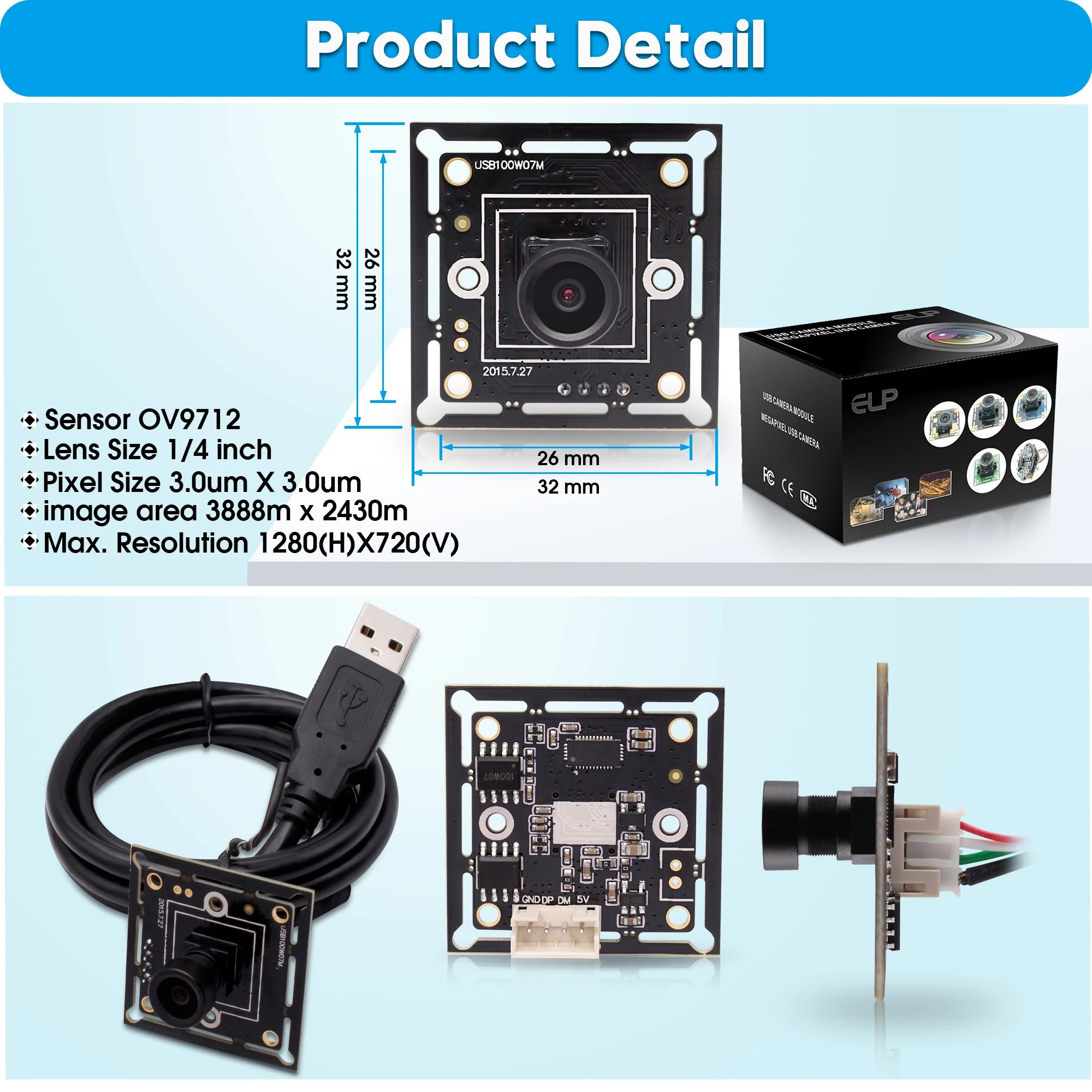 ELP 720P Mini USB camera CMOS OV9712 1280X720 Camera Module with 100 degree M7 lens