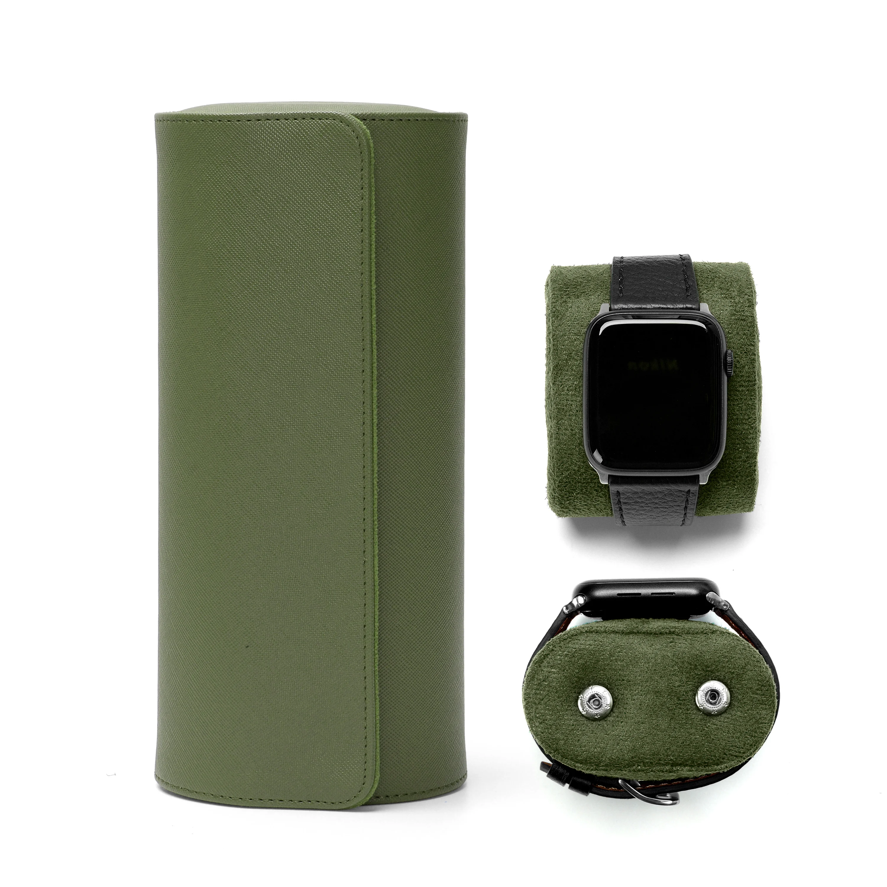 Forest Green Noble Smooth Leather 3 Slots Watch Case Collection Watch Roll Case For Christmas Gift