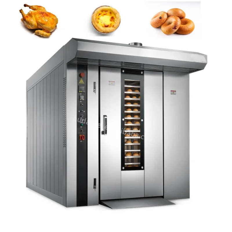 Best Bakery Oven Double Racks Rotary Gas Burner Heating 64 Trays For Bread