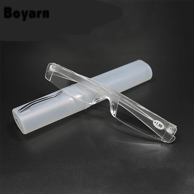 Rimless Reading Glasses Women Men Resin Clear Lens Eyeglasses Portable Pen Tube Presbyopia Glasses with Case +1.0 +4.0