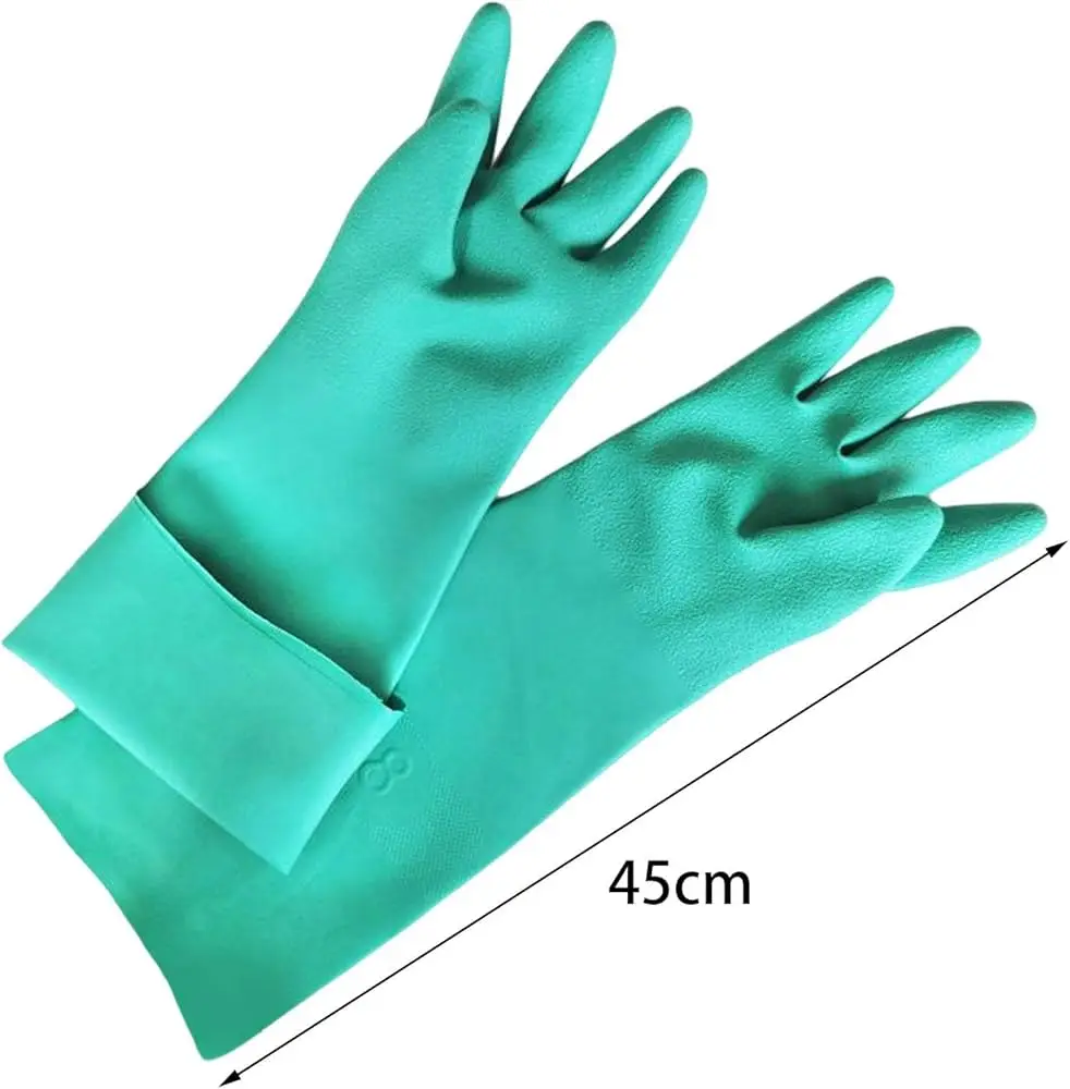 45cm long green heavy duty latex free 100% cleaning industrial safety nitrile rubber gloves with grip for chemicals