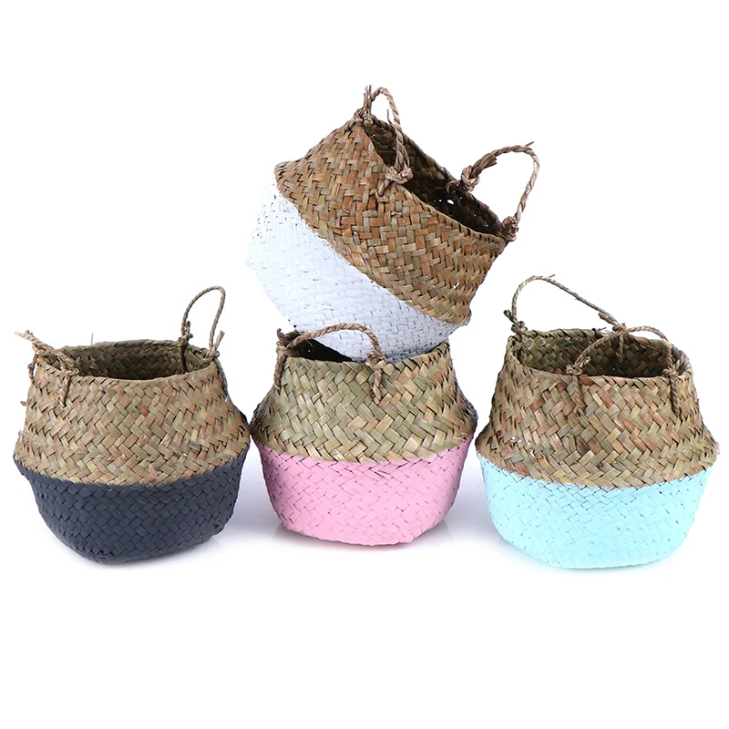 
Hot wholesale Handmade Cheap Bamboo Foldable Laundry Straw Patchwork Wicker Rattan Seagrass Belly Flower Planter Basket 