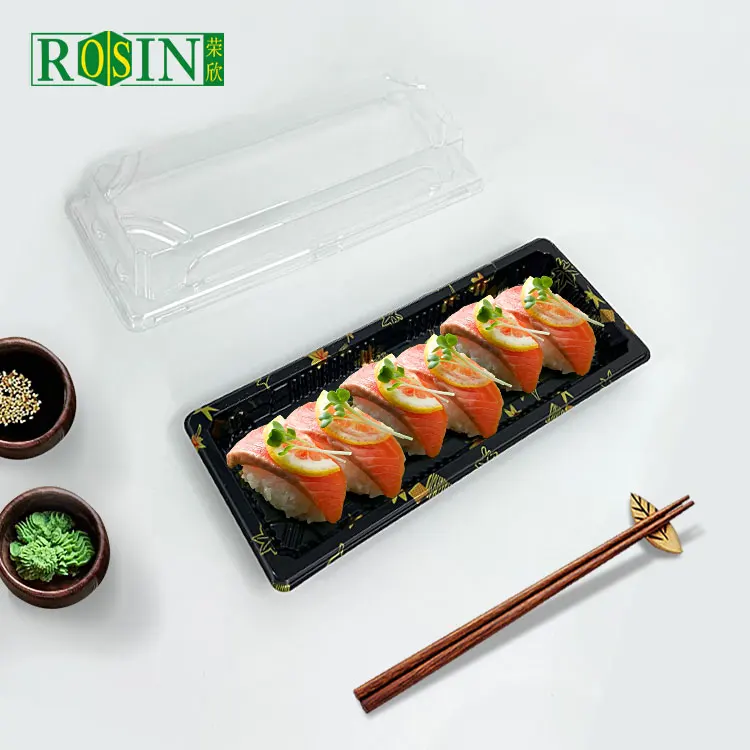 Custom Disposable japanese pack packaging biodegradables takeaway black square container to go box plastic sushi tray with lid