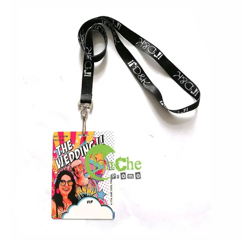Laminated Custom Hard Plastic wedding VIP pass badge with full color lanyard