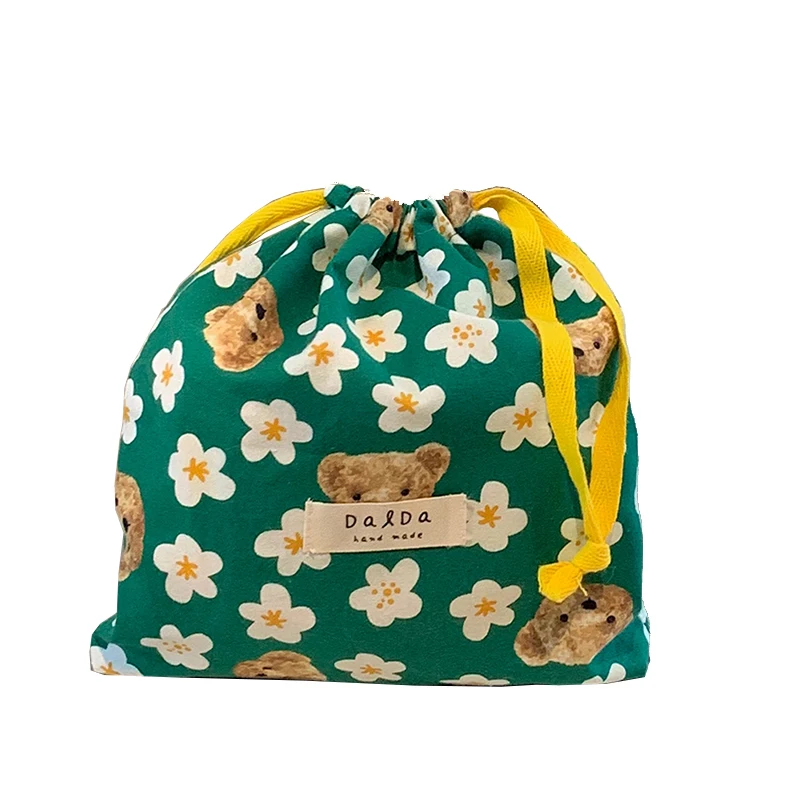 Promotional Grocery String Bag Cute Sublimation Printed Flower Bear Design Eco Muslin Cotton Linen Gift Packaging Pouch