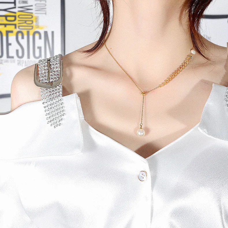 24K gold plated fashion charm female phoenix tail pearl Tassel Necklace stainless steel ear of wheat shape hybrid Necklace