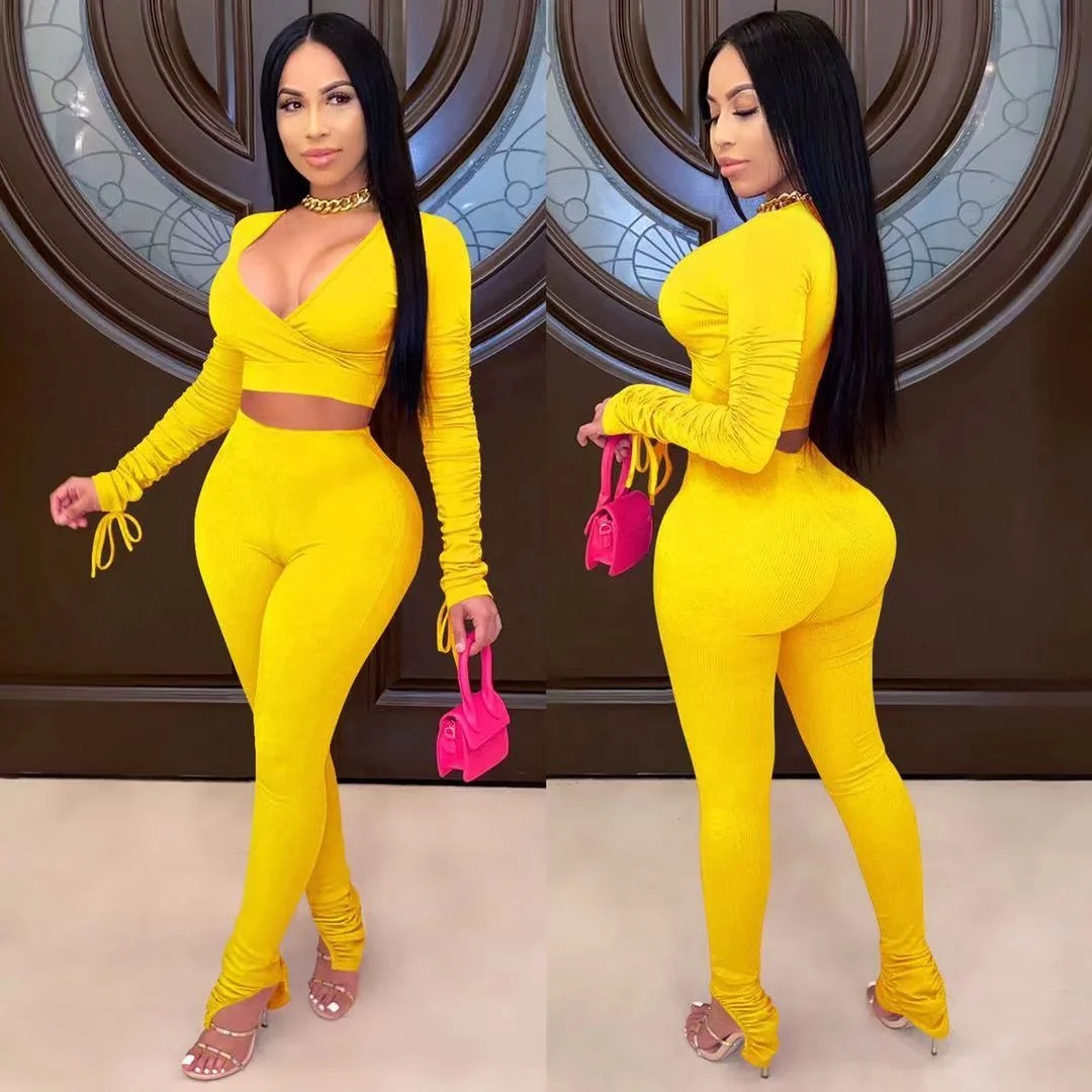 2022 модные облегающие спортивные комплекты на заказ с длинными рукавами, весенние Сексуальные облегающие костюмы для отдыха из двух предметов, женские костюмы