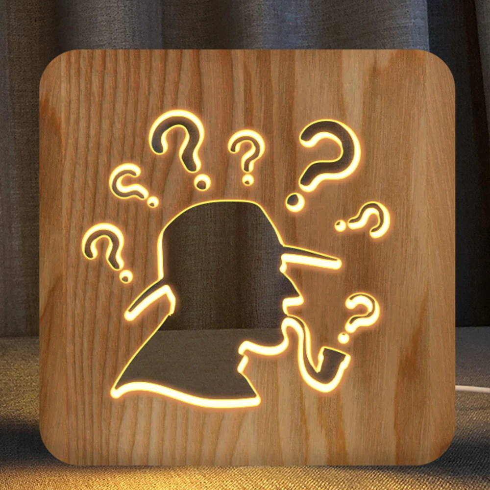 FS-T1812W question mark 3d night light Decorative LED table lamp wood USB night light 3d decorative light wood craved craft