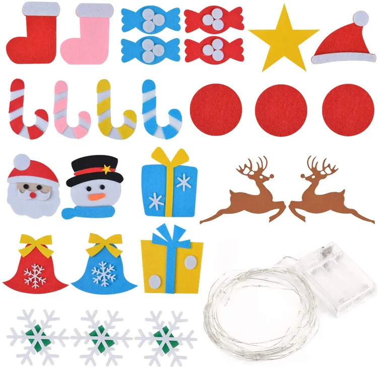 Wholesale Kids New Year Gift DIY Felt Christmas Tree Hanging Ornaments With String Lights