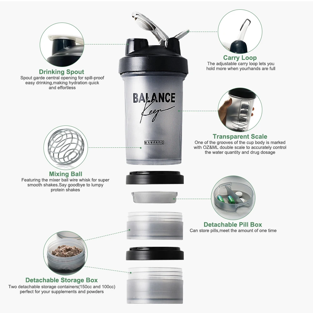 Custom Logo Sports Shaker Cup Blender Protein Shaker Bottle Gym Water Bottle with Compartment Set