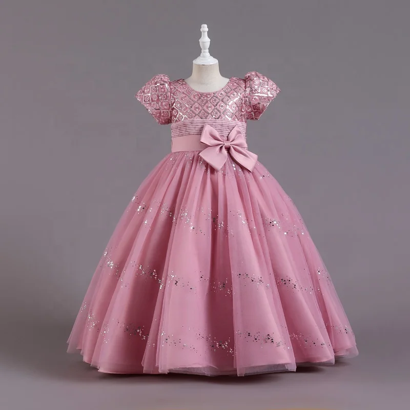 Short Sleeve Kids Girls Princess Sequin Bow Mesh Catwalk Show Girls Red Birthday Party Performance Dress