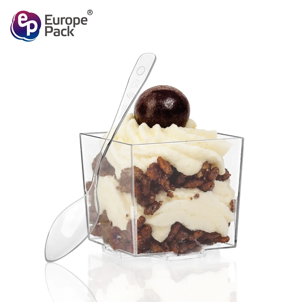 Europe-Pack 60ml 2oz disposable square PS plastic ice cream dessert pudding cup with spoon