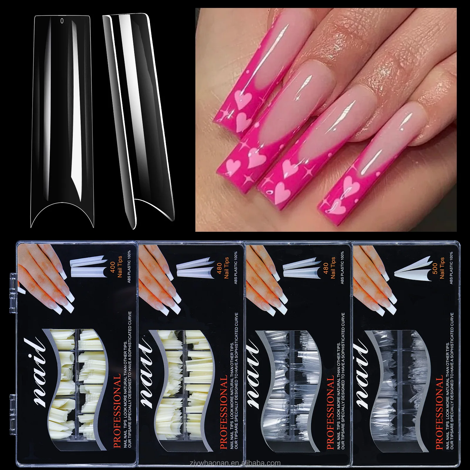 DIY Artificial nail tips false 500pcs bag french tip acrylic c curve clear false xxl coffin nail tips no c curve