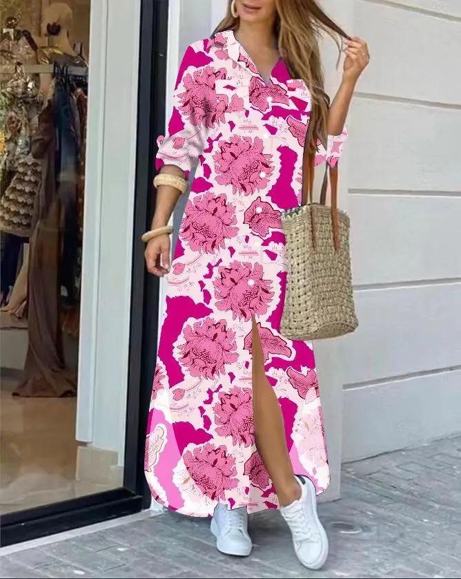 High-density real velvet digital printing long-sleeved shirt H-shaped dress with belt long sleeve dress shirts