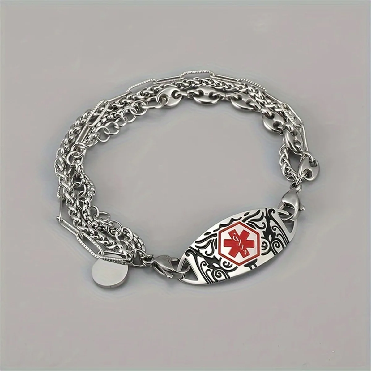 Stainless Steel Silver Engraved Charm Medical Bracelet 3 Layered Chain Combined Double Clasp Detachable ID Bracelet For Man