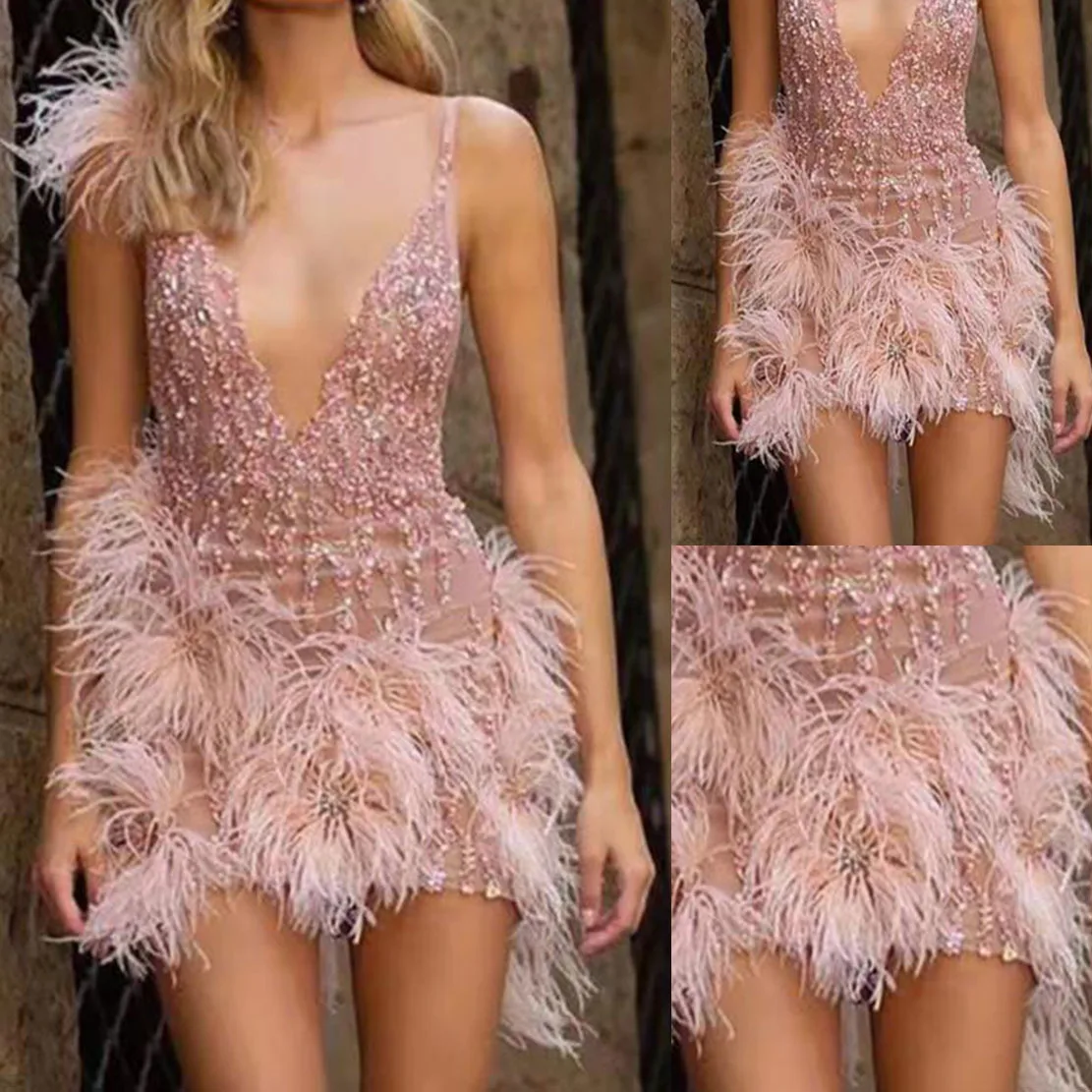Sexy nightclub party dress feathered halter skirt and deep v-neck tassel dress