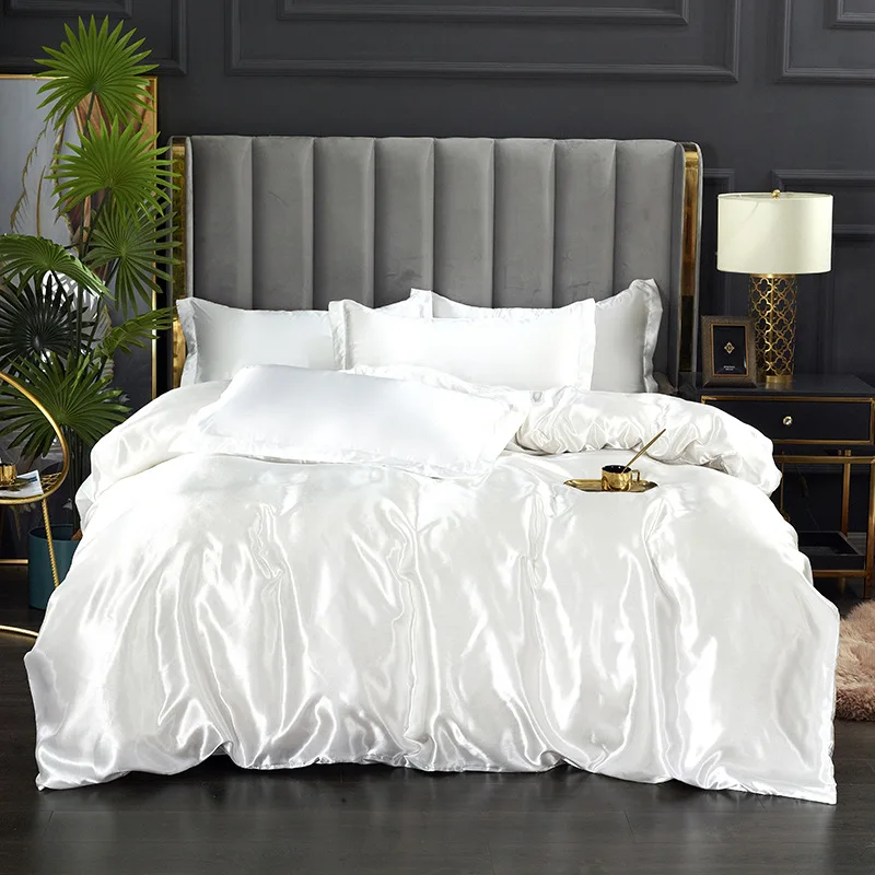Hot Selling Modern Simplicity Design Style Solid Color Faux Silk Fitted Sheet, High Quality 4 Pieces Bedding Set