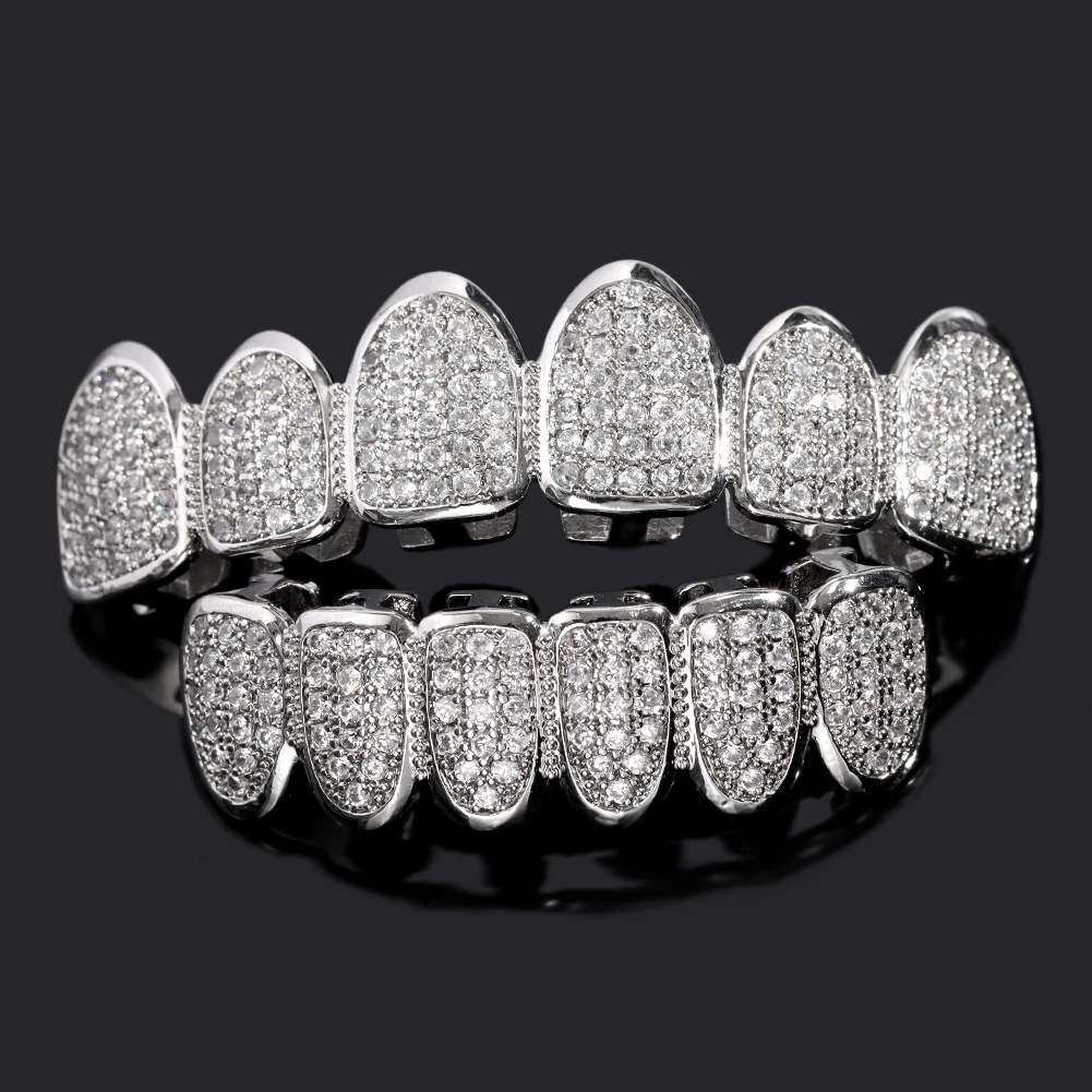 New Arrival Mens Hip Hop Gold Dimoand Teeth Grillz Top & Bottom Iced Out Grill Dental Hip Hop Cubic Zirconia Grillz Teeth