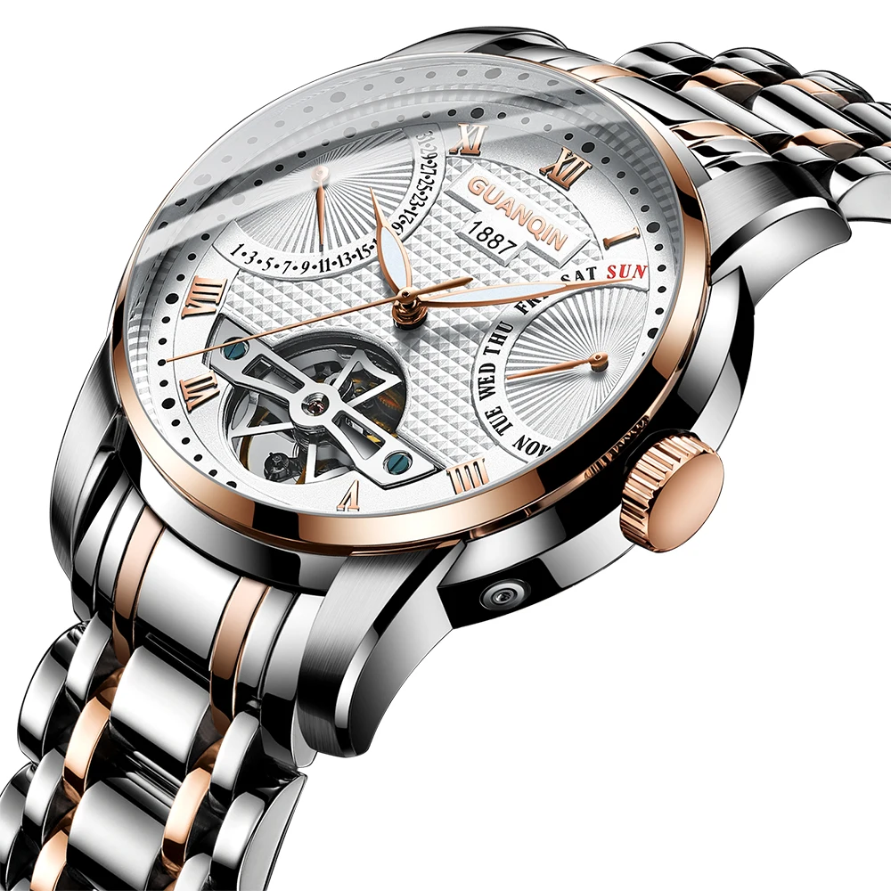 Роскошные автоматические механические часы GuanQin, часы из нержавеющей стали с Лунной фазой, деловые часы