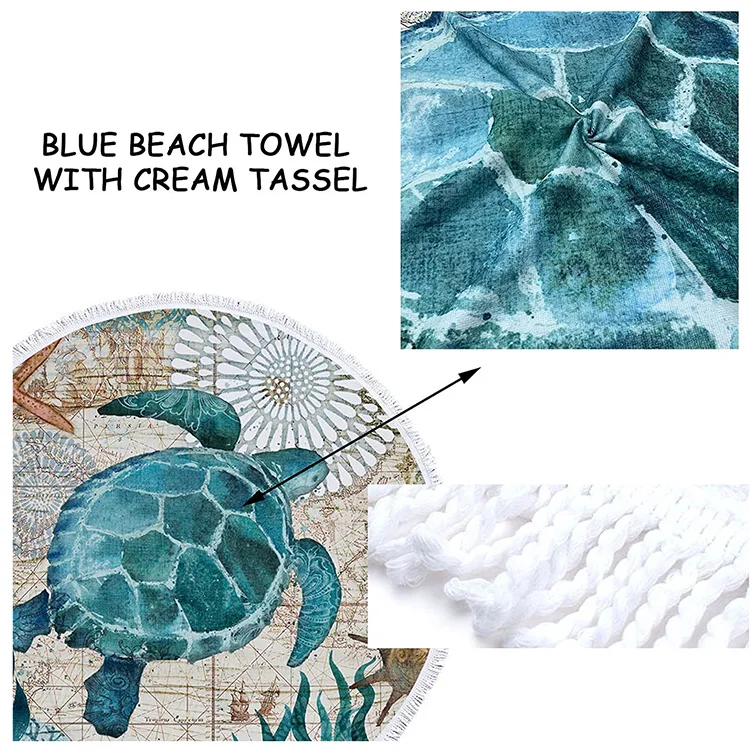 Fast Dry Sandy Free Large Custom Printed Octopus Sea Turtle Round Beach Towel for Adults