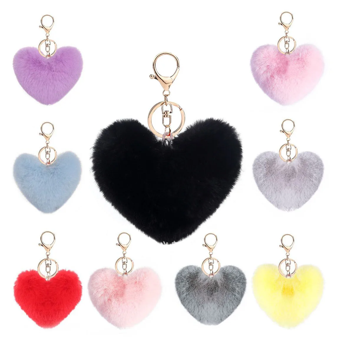 1000styles Stock Faux Fur Pompom Love Heart Keychains Multicolor Soft Rabbit Fur Heart Keychains Pom Pom Ball For Women Girls