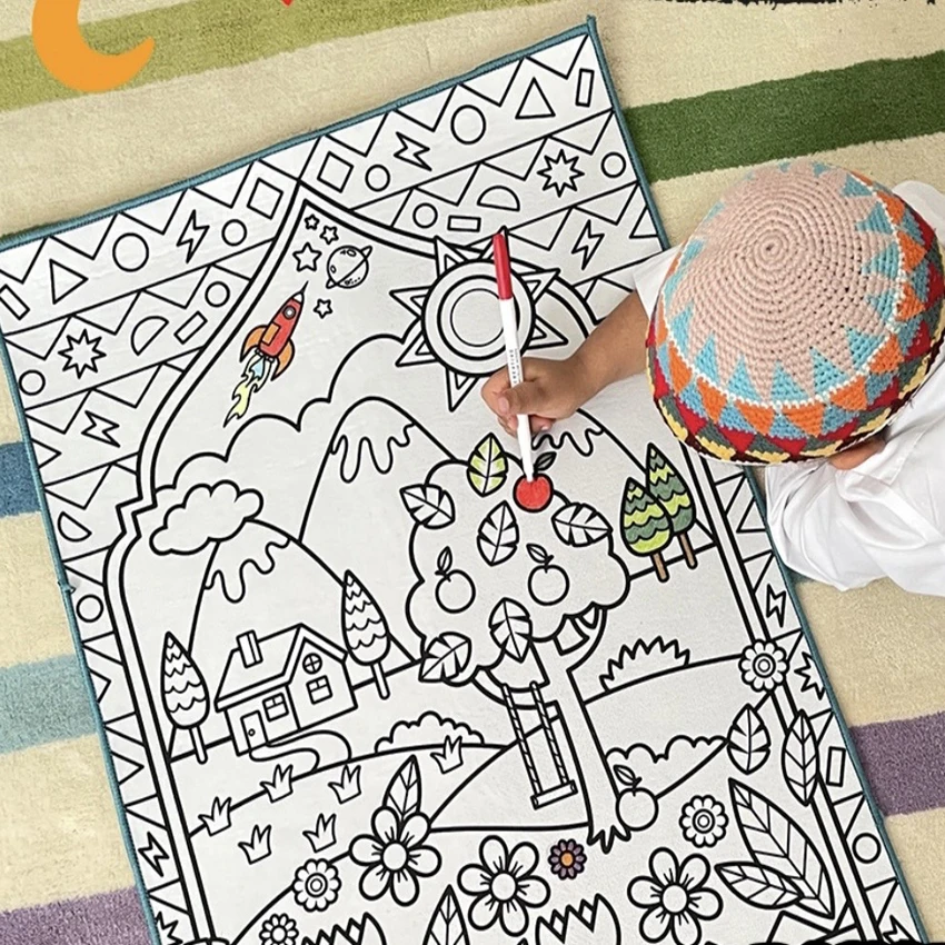 slamic Educational Custom Coloring Kids Prayer Mat Velvet Cartoon Printed Prayer Mat Painting Mat classical gift set