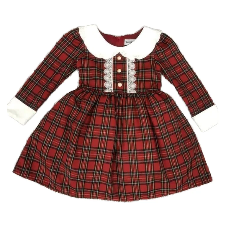 Classic Vintage Christmas plaid Dress for Girl Children Dress with White Lace and Cute Back Bow Dress