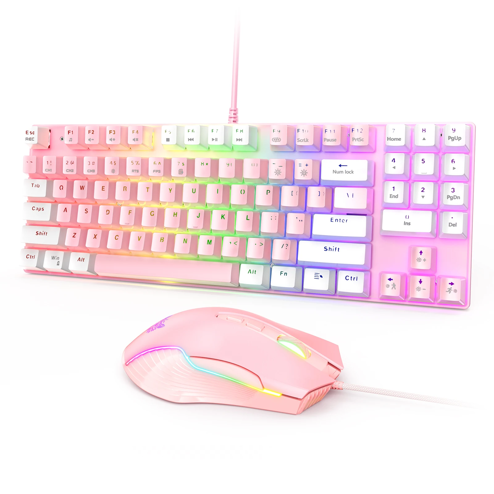 Pink White Onikuma Keyboard and Mouse Set Wired USB Keyboard Mouse Combo