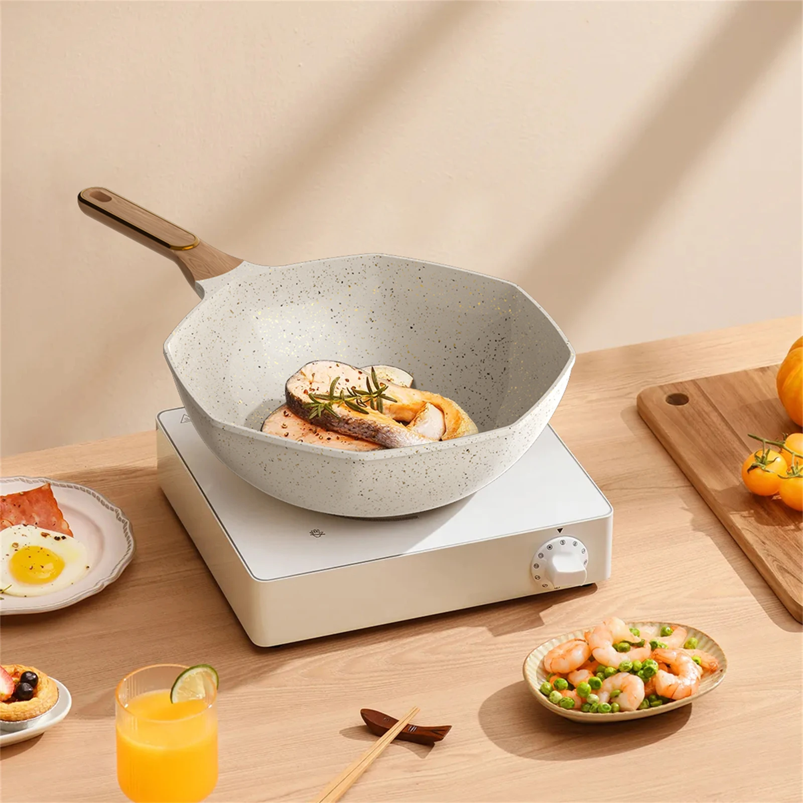 New Style Octagonal lightgrey Die casting non-stick Chinese wok Aluminum high quality cooking wok pan with glass lid