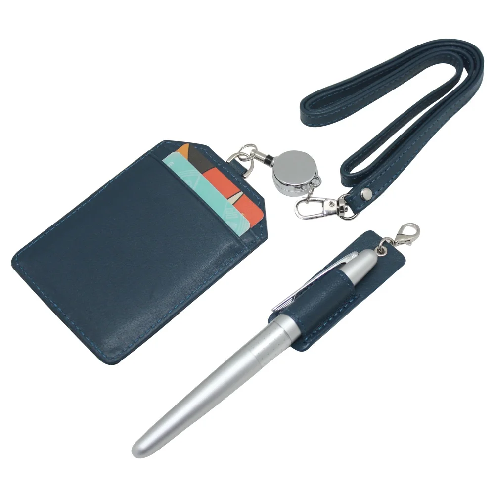 Boshiho Genuine Leather with Pen case Stretch Neck custom Lanyard Retractable Style Credit ID Card Holder Badge Holder