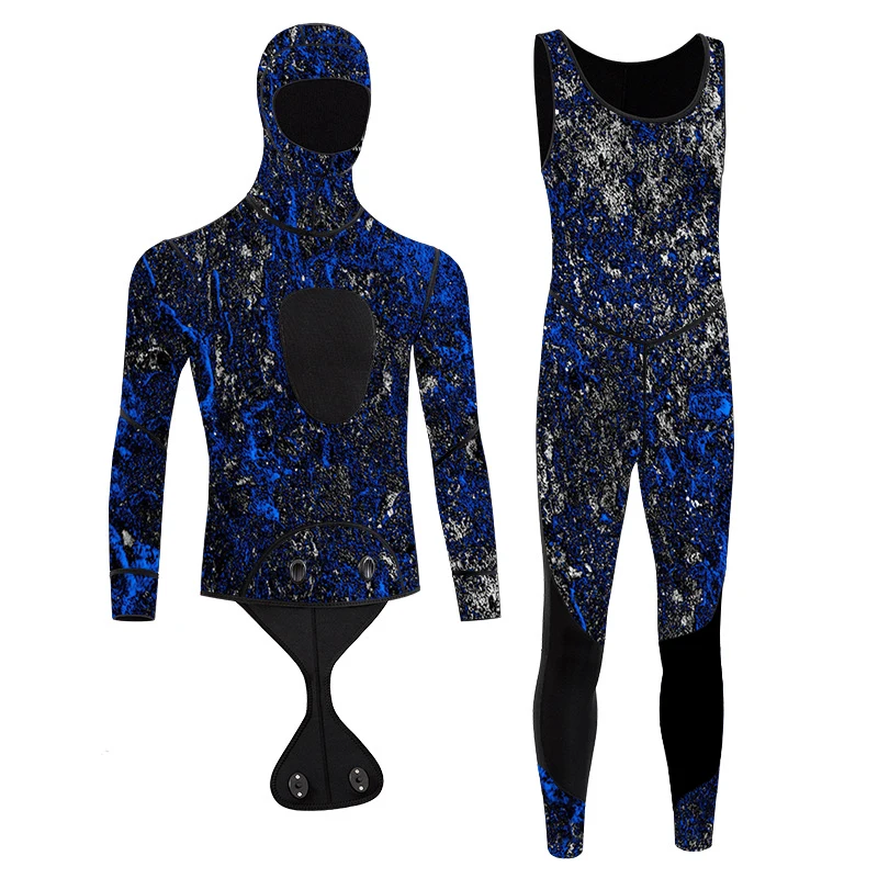 Adult unbranded triathlon spearfishing-wetsuit smooth blue camou cr neoprene camouflage spearfishing diving suit