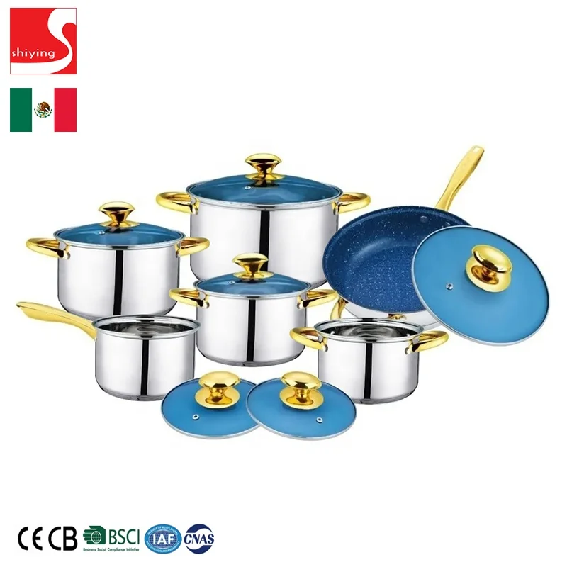 
SY-Kitchenware 7pcs color handle stainless steel cookware non stick silicone pot and pans set induction gas bottom 