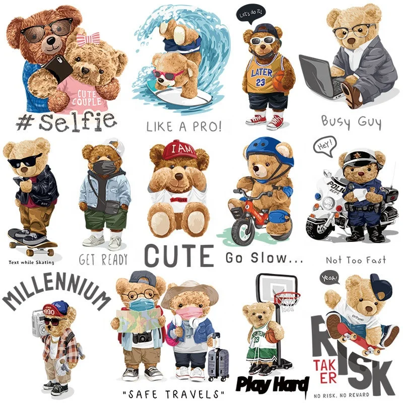 Custom DIY Accessories kids t shirt plastisol screen printed heat transfer paper cartoon bear iron on transfer sticker