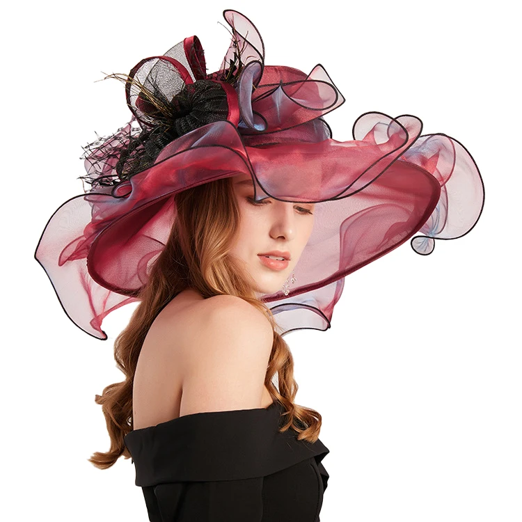 Wedding Hat Large Brim Organza Holiday Party Hat Fashion Design Organza Tulle Flower Church Hat