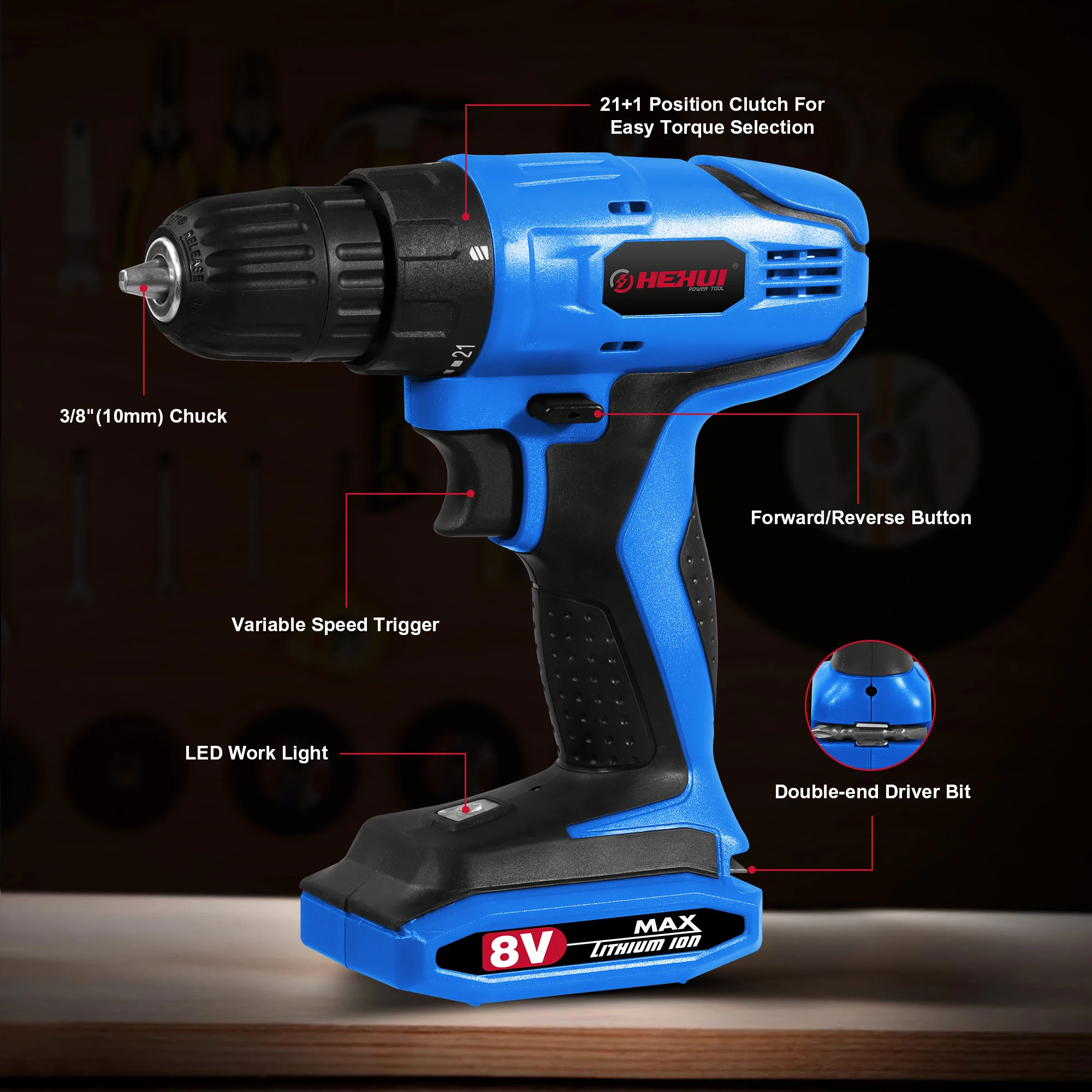Hehui 8V Cordless Hammer Power Screwdriver 2 Speed 10 Mm Drill Driver