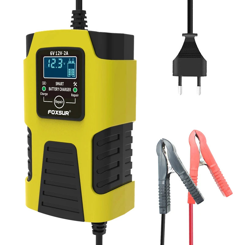 Foxsur Pulse Repair 12V 6V 2A Quick Charging Car Motorcycle Battery Charger for AGM GEL Battery