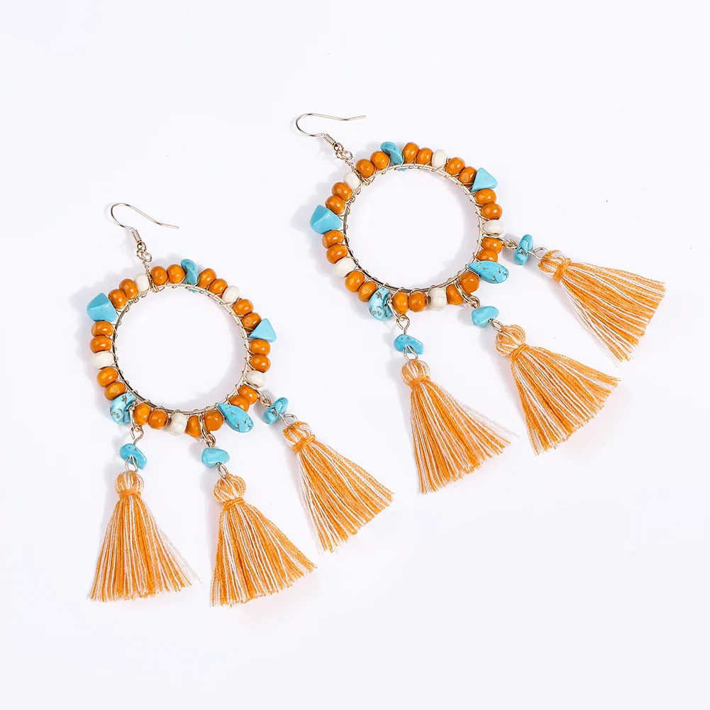 New Arrivals Handmade Woven Colored Cotton Tassel Earring Women Vintage Natural Stone Agate Wood Beads Geometric Beaded Earrings