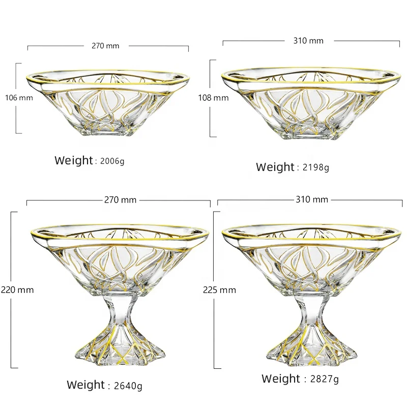 Luxury Modern Glass Fruit Bowl Gold Plated Seaweed Pattern Glass Footed Fruit Bowls for Home Decoration