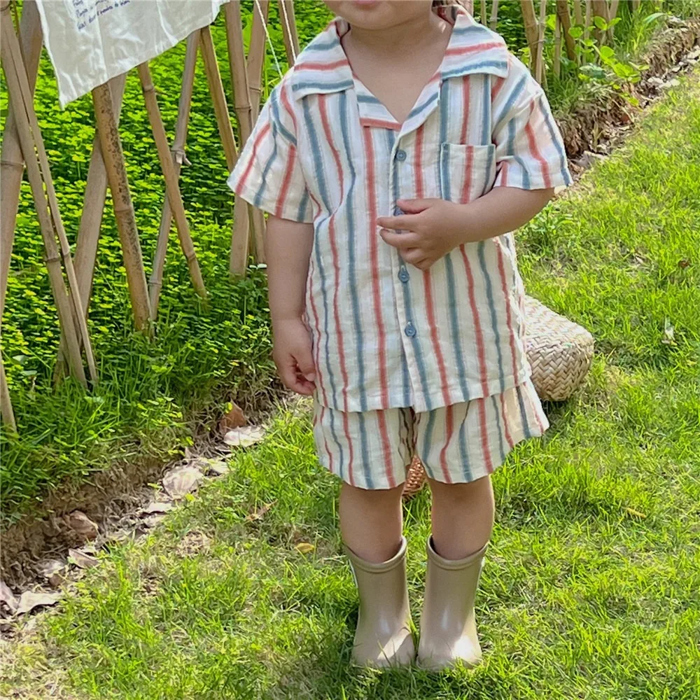 2024 summer Korean set striped striped sundress short-sleeved shorts two-piece sister-brother travel suit