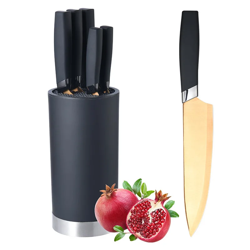 New Design kitchen knifes 6 piece set with block PP handle rose gold coating blade black blade Chef Knife set