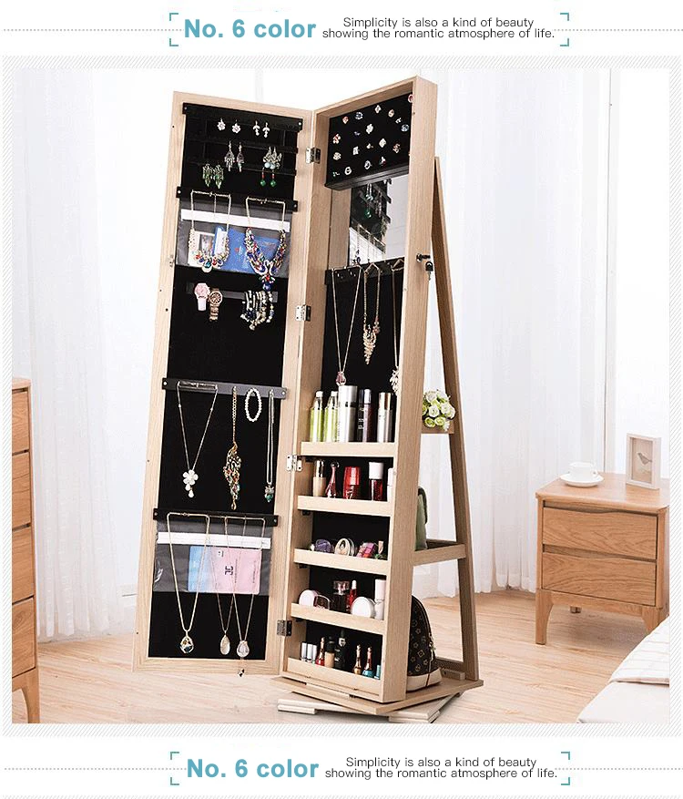 360 Degree Free-standing Revolving Mirror Cabinet Wooden Full Body Mirror Multi Jewelry Storage Mirror Cabinet for Living Room