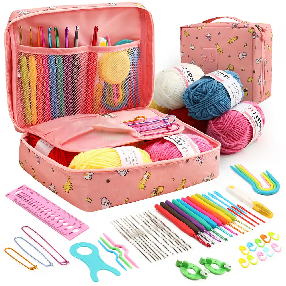 Crochet Kit Beginners with Crochet Yarn 58PCS Portable Crochet Accessories Set Ergonomic Hooks Knitting Needles Sewing Kit