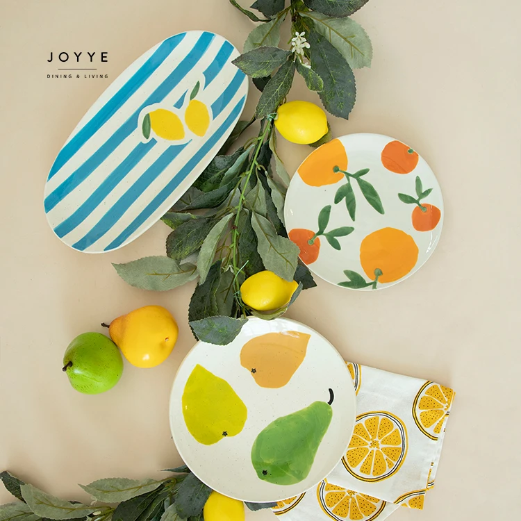 Joyye Custom Ceramic Dinnerware Hand Painted Fruit Stripe Design Spring Summer Vibe Tableware Dinner Plate